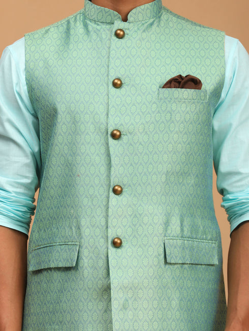 Vastramay Men's Green Jacquard Nehru Jacket with Kurta Pyjama Set